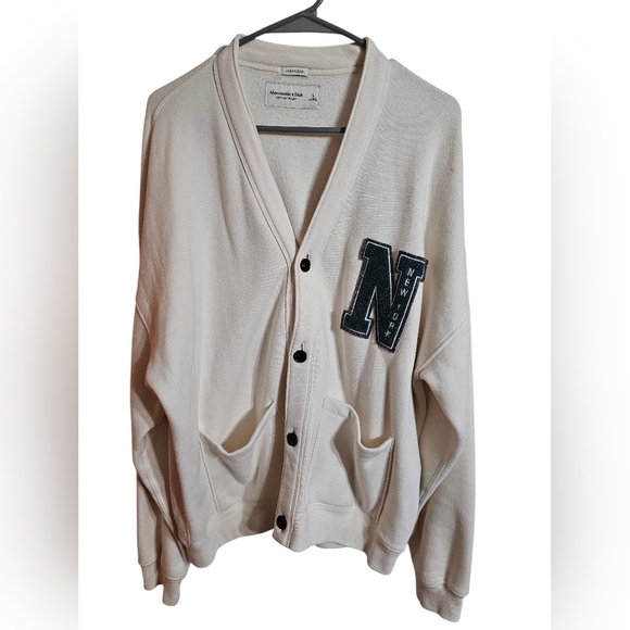 Abercrombie & Fitch Mens Oversized Soft Fleece Varsity Cardigan L New York Patch - Picture 2 of 8